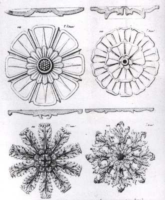 A page from Bielfelds catalogue showing several types of ceiling rose