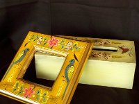 Hand-painted wooden frame and tissue box cover. Both 1960s.