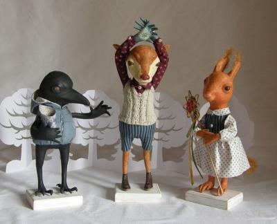 "Visitors: Crow, Deer  hands-horns and Squirrel" by Olena Tsilujko
