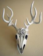 Vegan Deer Skull with White Rose by Sarah Hage