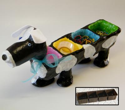 "Desk organizer, Upcycled paper mache whimsical black and white puppy, eco friendly, eco chic home decor, office decor, gift under 50" by Racheli Ben Aharon